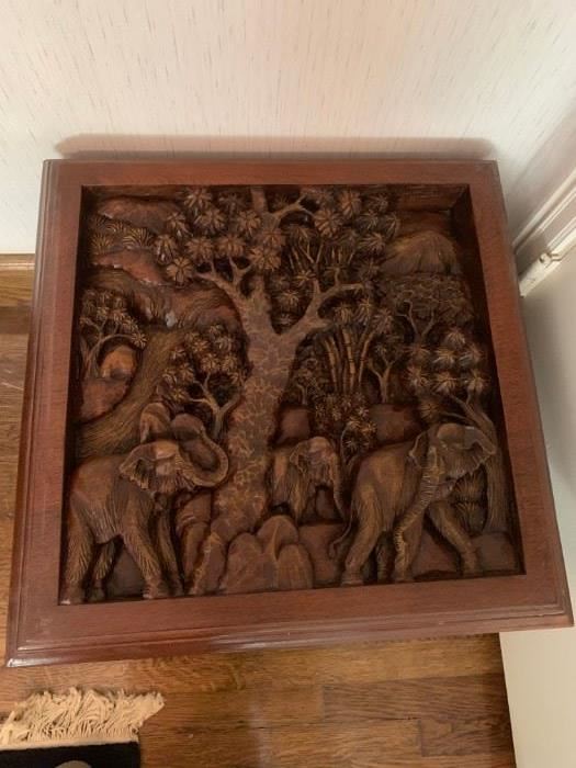 #5 (2) Carved square table w/elephants under glass   20sqx17  Elephants on legs  $225 Each  $ 450.00