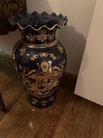 #15 navy/Gold fluted top Vase   24" Tall w/Asian design  $ 40.00