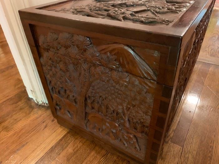 #47 Carved Teak Wood Trunk w/elephant carvings & Jungle  36x19x20.5  $ 250.00