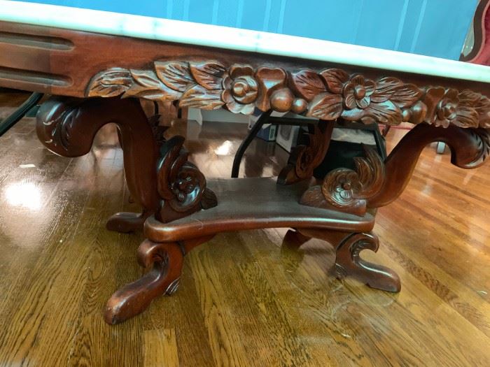 #70 Victorian Oval Marble Top Coffee Table  Mahony   46x28x18  $ 250.00