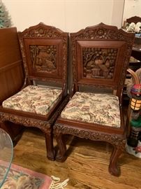 #73 (3) Teak Heavy Carved Back, Sides and Leg Chairs  16"W Seat,  $150 each  $ 450.00