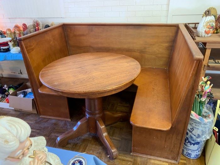 #109 Wood U shaped Booth w/round Table  Booth 63Hx36,(other side 48) 38H   Table 35" Diagonal  $ 275.00