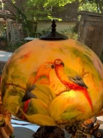 #112 Antique Painted Lamp w/3 people & parakeets painted on shades  24" Tall  $ 150.00