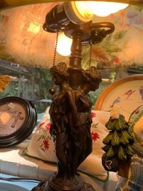 #112 Antique Painted Lamp w/3 people & parakeets painted on shades  24" Tall  $ 150.00