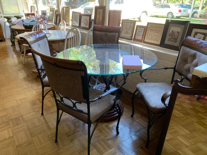 #138 Glass Top/metal Base Table w/4 chairs w/wood carved back  45x29  $ 125.00