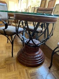 #138 Glass Top/metal Base Table w/4 chairs w/wood carved back  45x29  $ 125.00