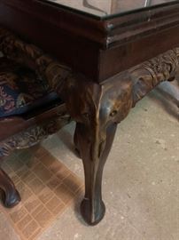 #144 Square Teak Elephant Carved Table w/glass protect w/4 Teak Deep Elephant Carved Chairs   $ 1,500.00