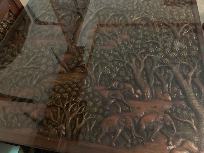 #144 Square Teak Elephant Carved Table w/glass protect w/4 Teak Deep Elephant Carved Chairs   $ 1,500.00