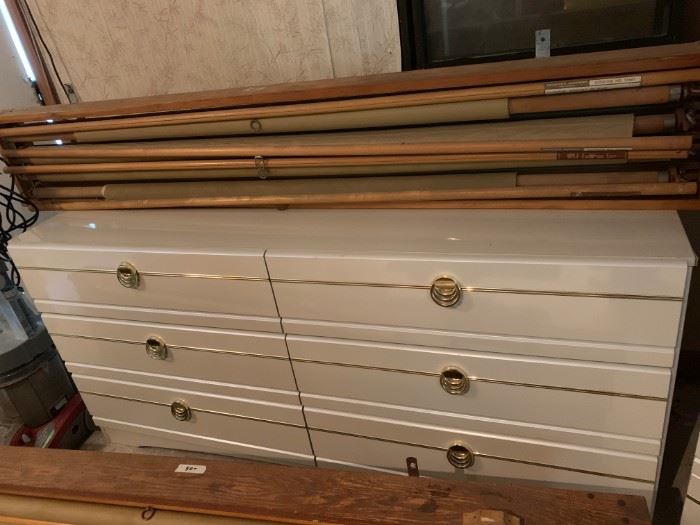 #150 Long Mid-Century Dresser w/6 drawers & Mirror   61x17x29  Mirror 47x45  $ 65.00