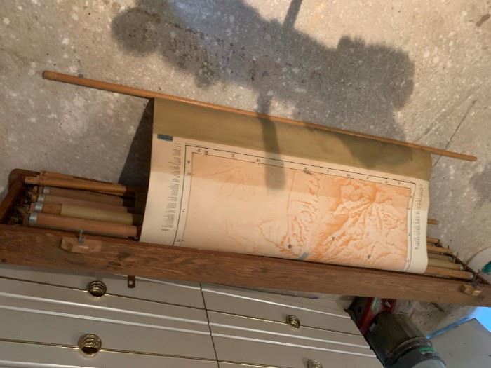 #151 (1) Map Roller Storage wood 4 map holders  w/vintage maps  $ 150.00