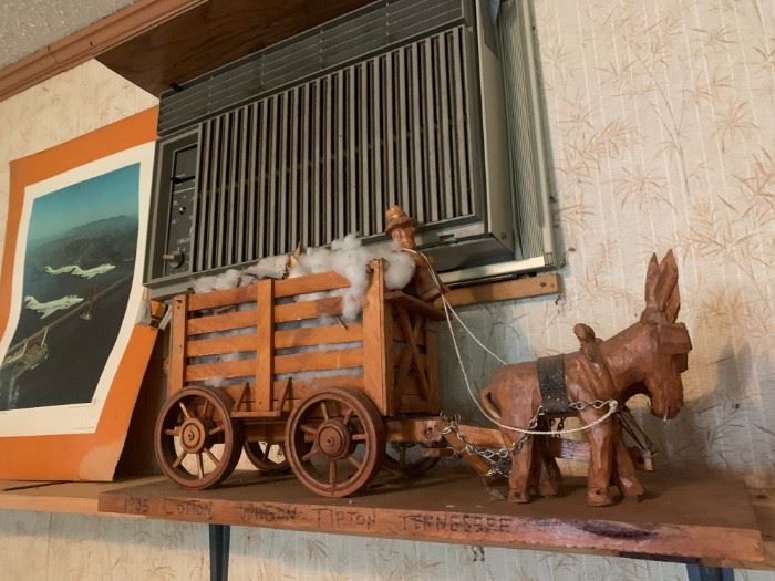 #153 Wood Cotton Bin pulled w/2 mules & Wagon wood carved toy  $ 60.00