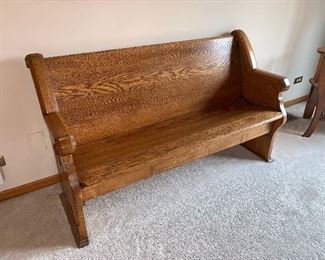 Vintage Oak Beacon's Bench - 59"w X 20h" back - 15 1/2" seat depth - 16" from floor - 34" high from floor to back of seat. 3 panel design on each end 