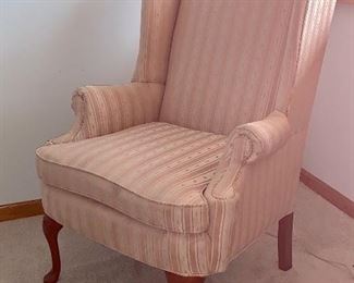 1 of 2 matching stripped wing back chairs