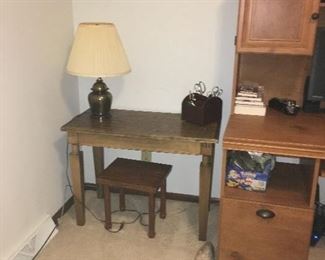side table and stool, lamp, desk accessory