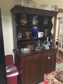 Antique country cabinet with antique glass and pottery 