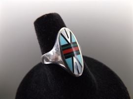 .925 Sterling Silver Zuni Inlayed Turquoise, Red Coral, etc. Ring Size 7