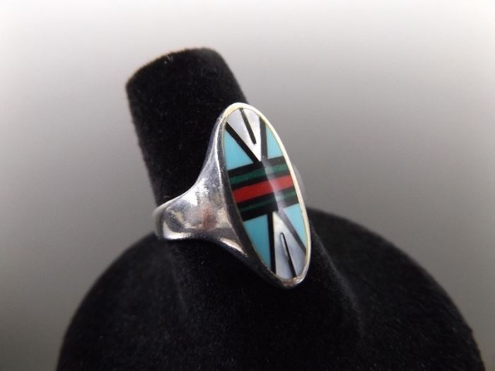 .925 Sterling Silver Zuni Inlayed Turquoise, Red Coral, etc. Ring Size 7