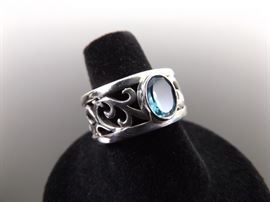 .925 Sterling Silver Art Nouveau Faceted Topaz Ring Size 7.75