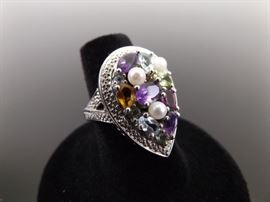 .925 Sterling Silver Diamond Accented Multi Stone Ring Size 6