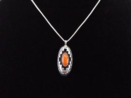 .925 Sterling Silver Navajo Red Coral Cabochon Pendant Necklace