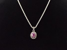 .925 Sterling Silver Art Nouveau Faceted Ruby Pendant Necklace