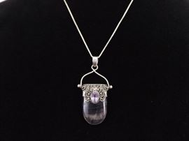 .925 Sterling Silver Art Nouveau Faceted Amethyst and Agate Pendant Necklace