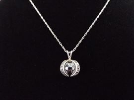 .925 Sterling Silver Art Nouveau Cultured Black Pearl Pendant Necklace