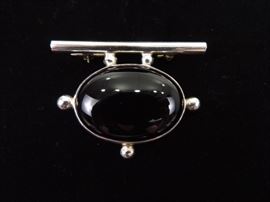 .925 Sterling Silver Black Onyx Cabochon Brooch Pendant