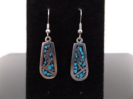 .925 Sterling Silver Inlayed Crushed Turquoise Zuni Dangle Earrings