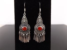 .925 Sterling Silver Inlayed Red Coral Navajo Dangle Earrings