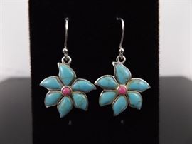 .925 Sterling Silver Turquoise and Red Coral Flower Dangle Earrings