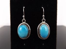 .925 Sterling Silver Turquoise Cabochon Dangle Earrings
