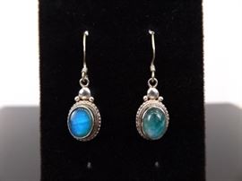 .925 Sterling Silver Spectrolite Cabochon Dangle Earrings