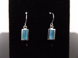 .925 Sterling Silver Light Blue Cat's Eye Chrysoberyl Dangle Earrings