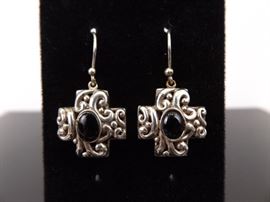 .925 Sterling Silver Art Nouveau Onyx Cabochon Cross Dangle Earrings