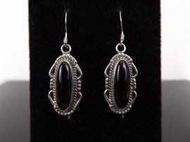 .925 Sterling Silver Black Onyx Cabochon Dangle Earrings