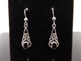 .925 Sterling Silver Art Nouveau Onyx Cabochon Dangle Earrings