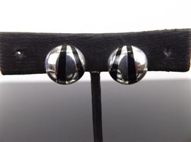 .925 Sterling Silver Inlayed Onyx Designer Clip Earrings