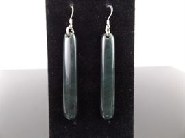 .925 Sterling Silver Deep Green Jade Bar Dangle Earrings