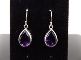 .925 Sterling Silver Pear Cut Amethyst Dangle Earrings