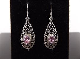 .925 Sterling Silver Faceted Pink Topaz Dangle Earrings