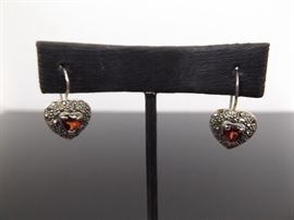 .925 Sterling Silver Art Nouveau Faceted Garnet Heart Earrings