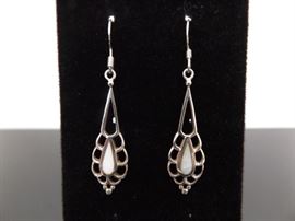 .925 Sterling Silver Inlayed Mother of Pearl Dangle Earrings