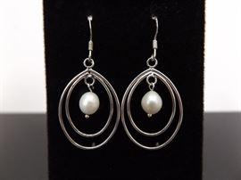 .925 Sterling Silver Cultured Pearl Hoop Dangle Earrings