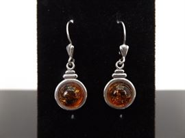 .925 Sterling Silver Amber Cabochon Dangle Earrings