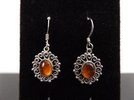 .925 Sterling Silver Amber Cabochon Dangle Earrings