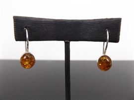 .925 Sterling Silver Amber Cabochon Dangle Earrings