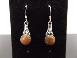 .925 Sterling Silver Brown Jasper Cabochon Dangle Earrings