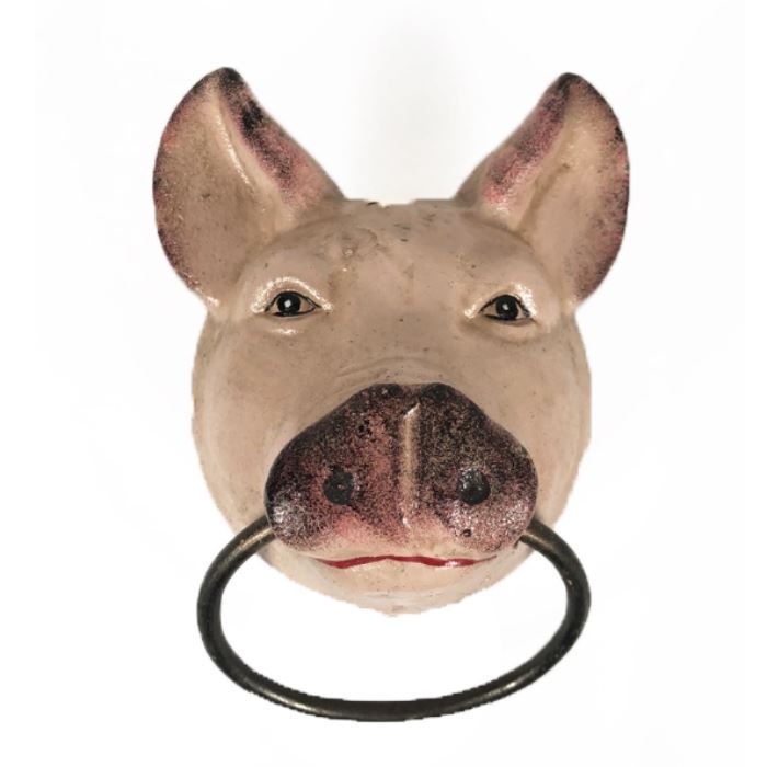 Lot 001 
Cast Iron Pig Door Hanging