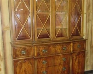 Mahogany Bubble Glass Breakfront China Cabinet w/Pull Out Desk Inside